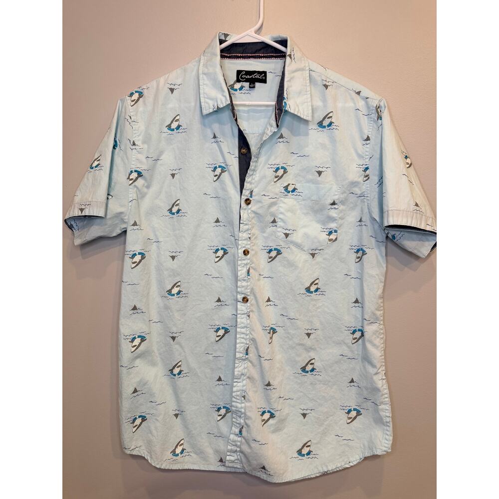 Coastal Men's Light Blue Short Sleeve Button Down Shark Print Shirt GUC Size L